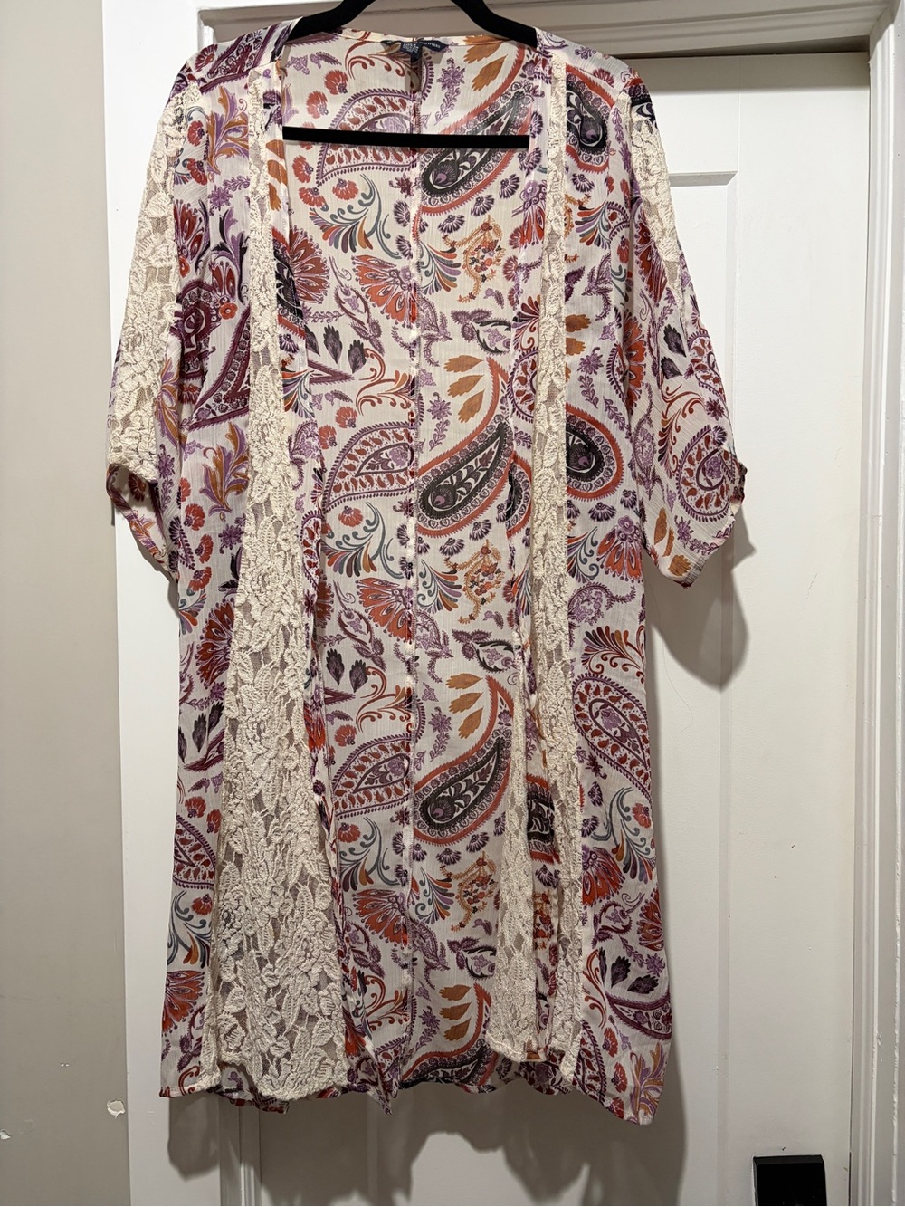 American Eagle Outfitters Paisley Lace-Trim Open Kimono - Cream Multi